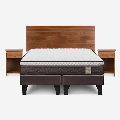 Cama Europea Rosen Base Dividida 2 Plazas New Style 4 Plus + Respaldo + 2 Veladores Tabor Caramelo