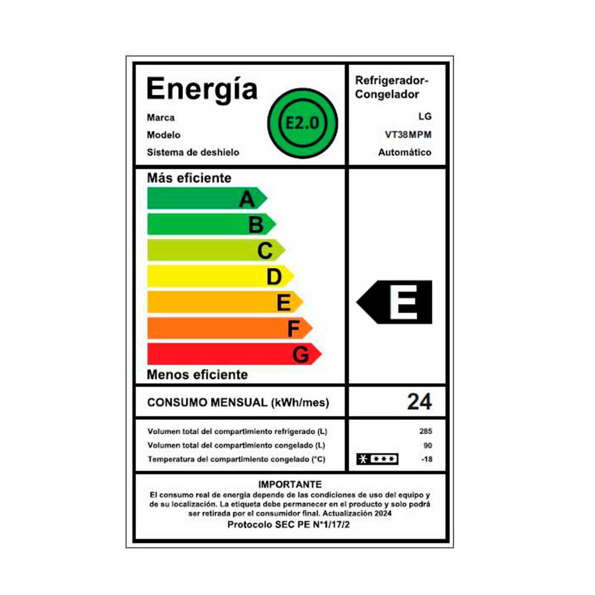LG Refrigerador Top Mount 375 VT38MPM.AEPPECL 172 x 70 CM