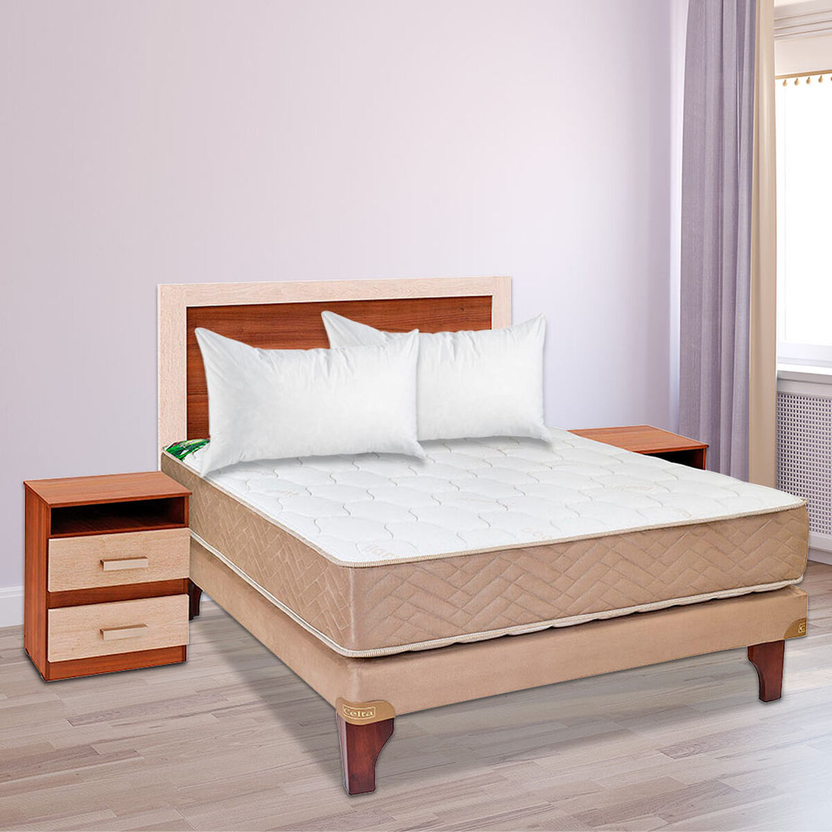 Combo Cama Europea Celta 2 Plazas Bamboo + Set Maderas Alicante + Pack Almohadas Celta Imperial Soft