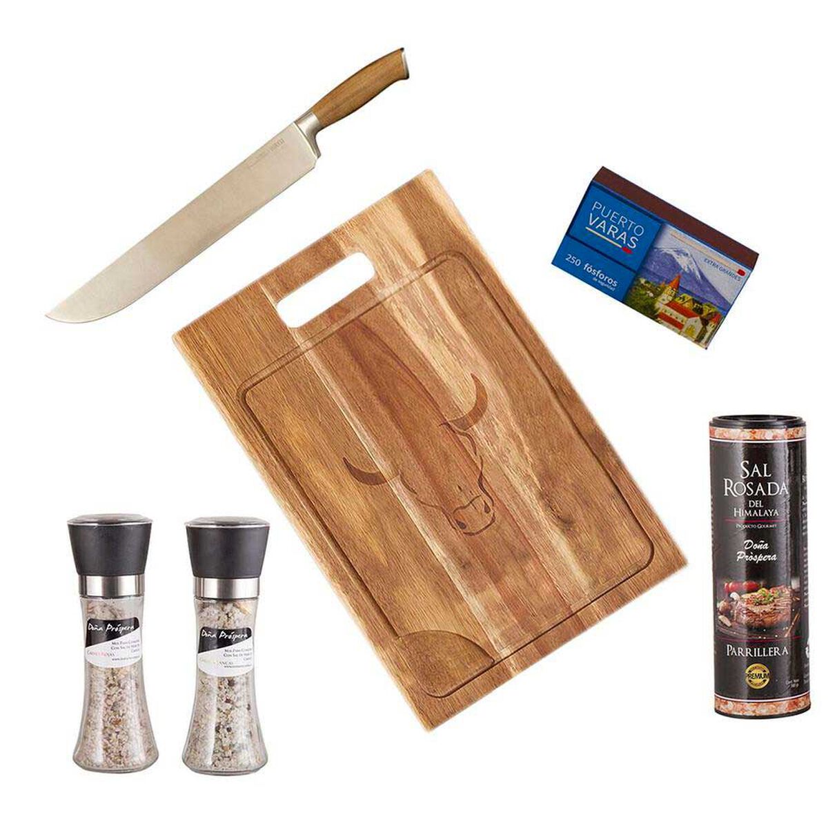 Set Parrillero Wayu Tabla + Cuchillo Carnicero + Mix de Sales + Sal Rosada + Caja F&oacute;sforos