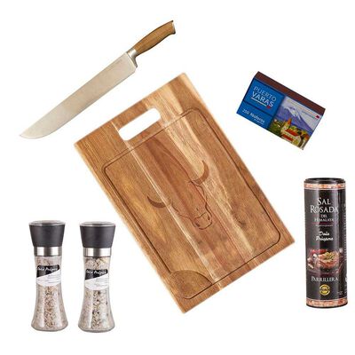 Imagen 1 del producto Set Parrillero Wayu Tabla + Cuchillo Carnicero + Mix de Sales + Sal Rosada + Caja Fósforos