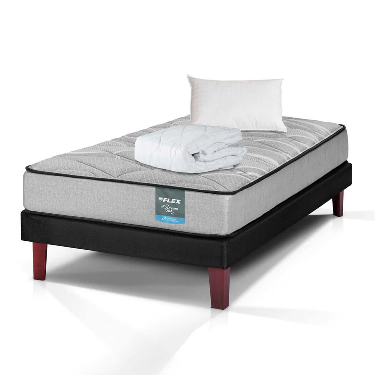 Cama Europea Flex 1,5 Plazas Dream Dual Box + Almohada + Cubrecolchon Basico