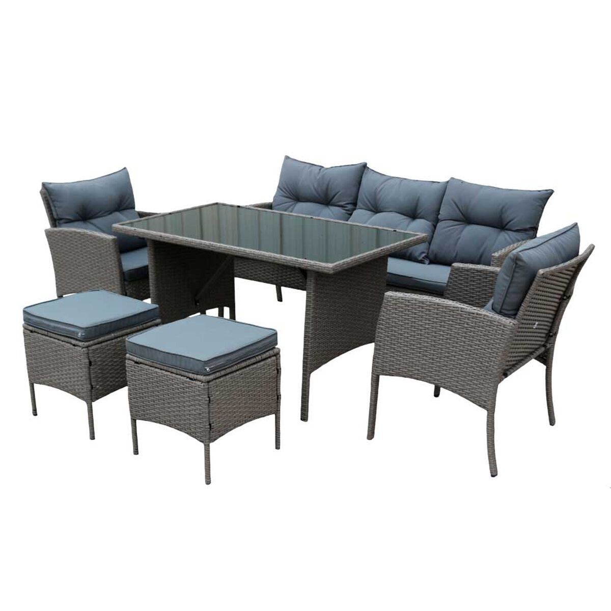 Juego de Living para Terraza Casanova Ikat Sofá 3 Cuerpos + Dos Sillones 1 Cuerpo + Dos Pouf + Mesa Grey