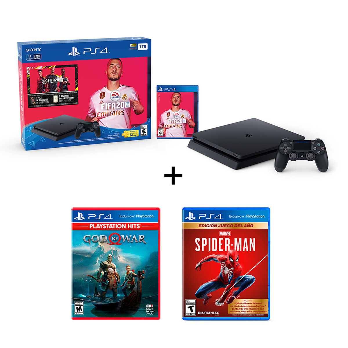 Bundle Pack PS4 Slim 1TB + Control + FIFA 2020 + God of War 4 + Spiderman