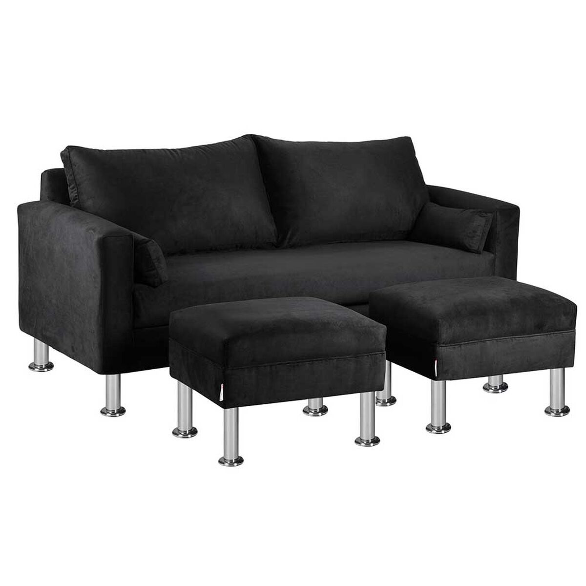Juego de Living Bodevir Sky Felpa 12 Sofá 3 Cuerpos + Dos Pouf 1 Cuerpo Negro 
