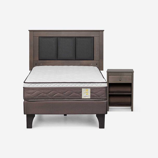 Cama Europea Rosen 1 Plaza New Style 4 Plus + Respaldo Rachel Gris + Velador