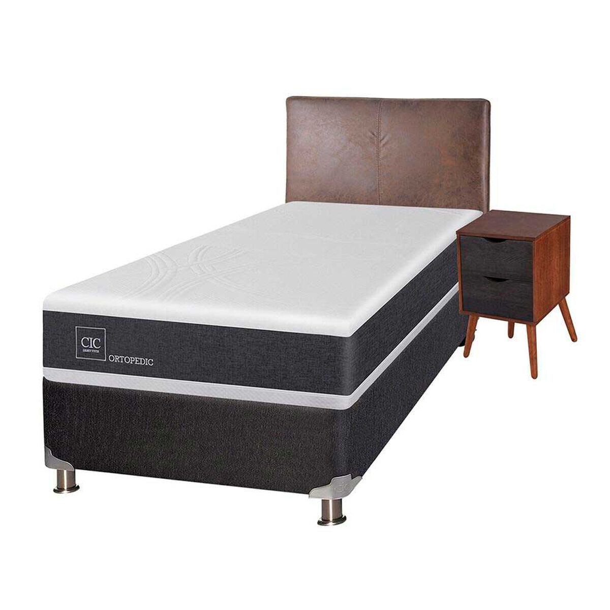 Box Spring CIC 1,5 Plazas New Ortopedic + Respaldo + Velador Baker