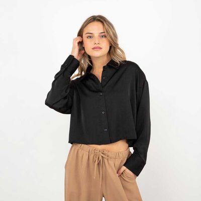 Blusa Crop Manga Larga Mujer Icono Negro