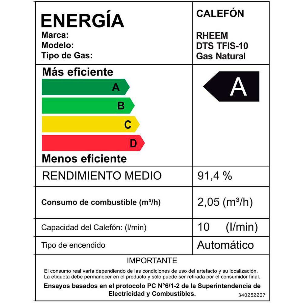 Calefont Digital Rheem Prestige 10 lts. Gas Natural