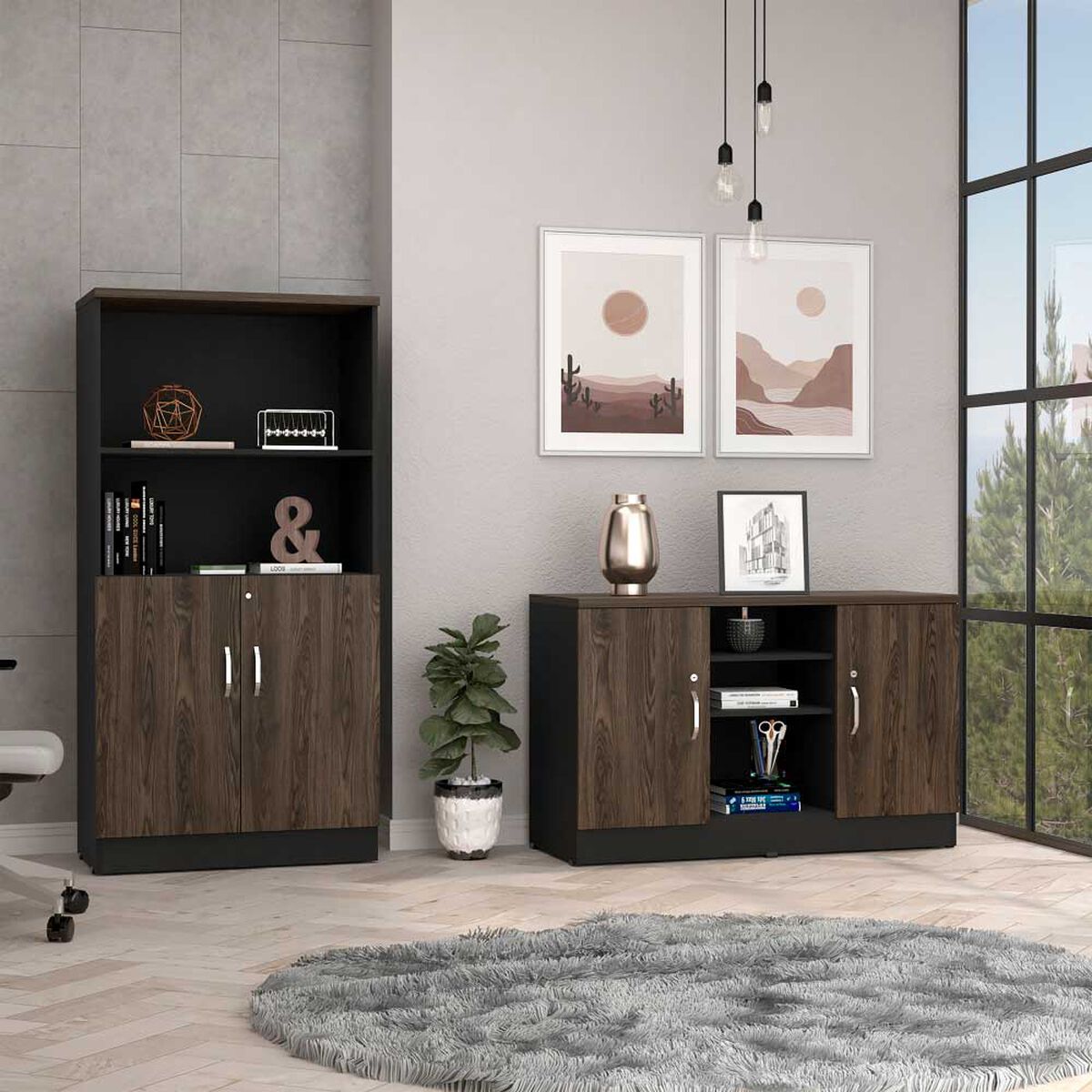 Combo Gabinete 2 Puertas + Biblioteca 2 Puertas TuHome Home Office Negro Soft-Co&ntilde;ac