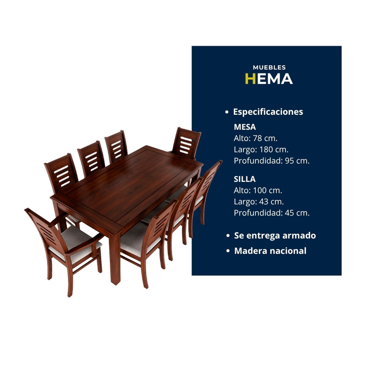 Juego de Comedor Muebles Hema Roma 6 Sillas 2 Sitiales Nogal