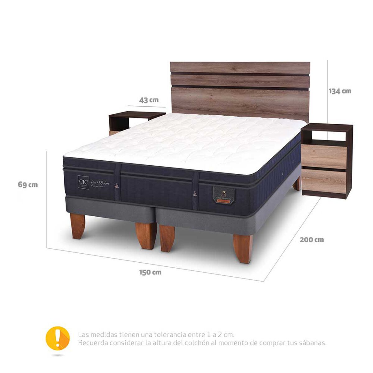 Cama Europea CIC Base Dividida 2 Plazas Súper Premium + Respaldo + Veladores