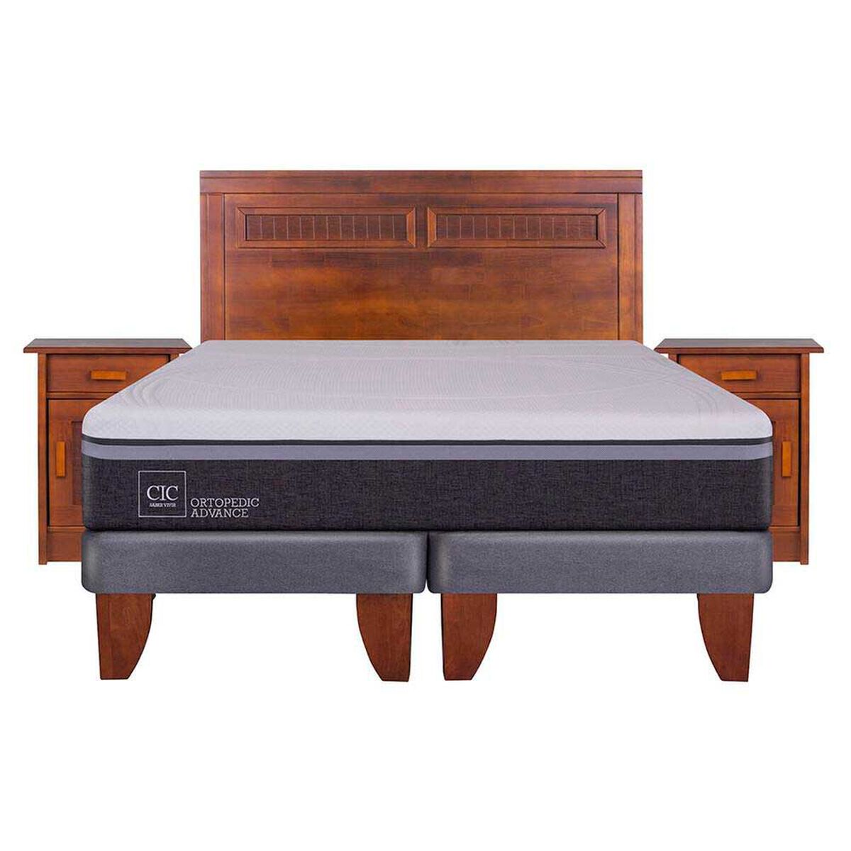 Cama Europea CIC Base Dividida King Ortopedic Advance + Respaldo + 2 Veladores