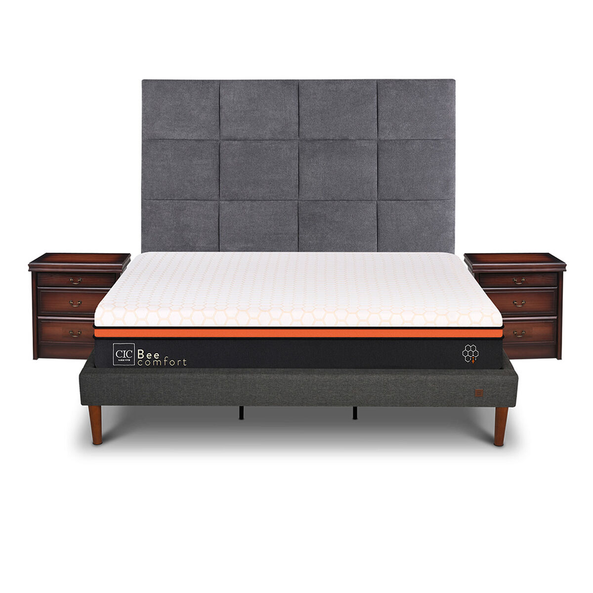 Cama Europea Curve CIC King Bee Comfort + Respaldo + 2 Veladores