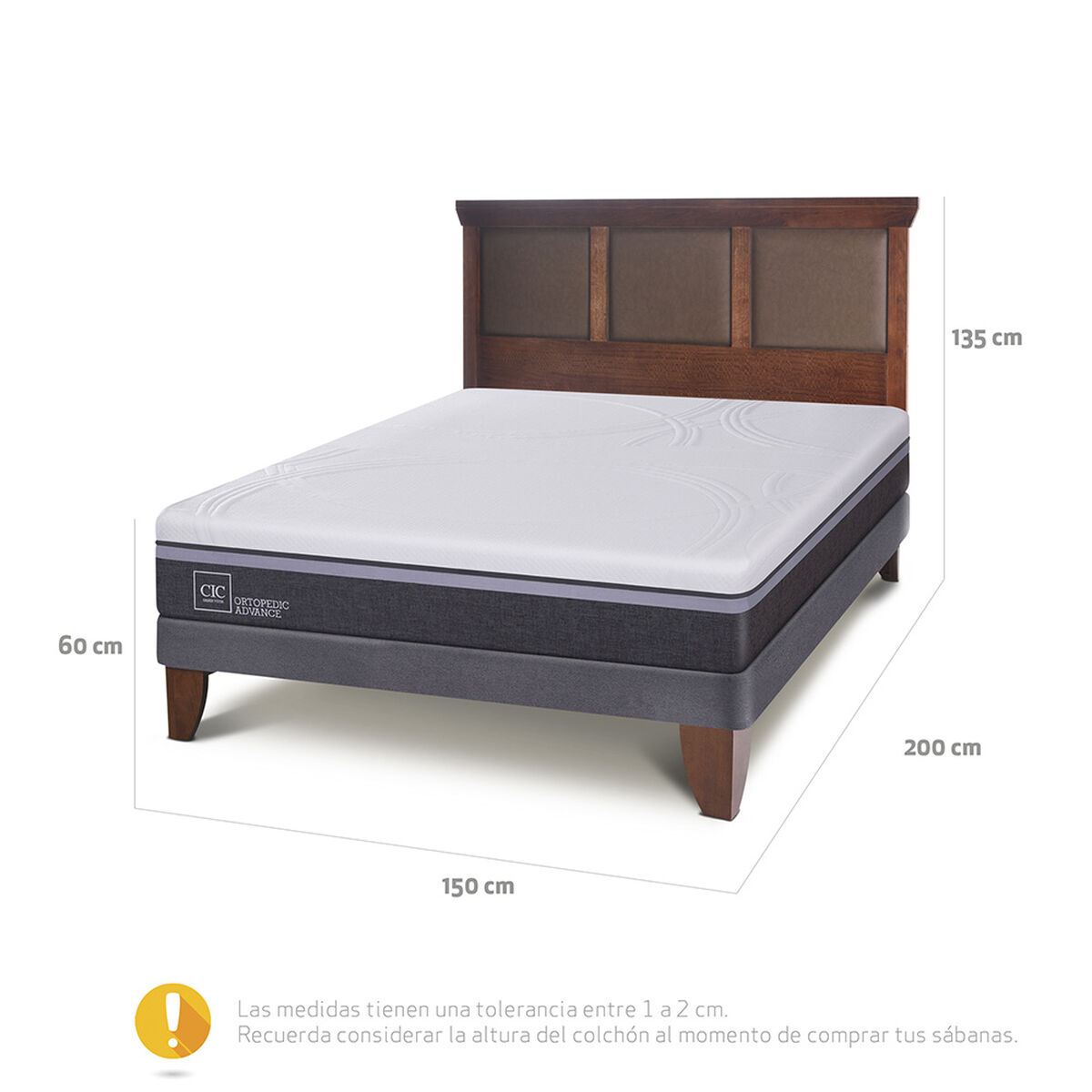 Cama Europea CIC 2 Plazas Ortopedic Advance + Respaldo New Torino Caramelo