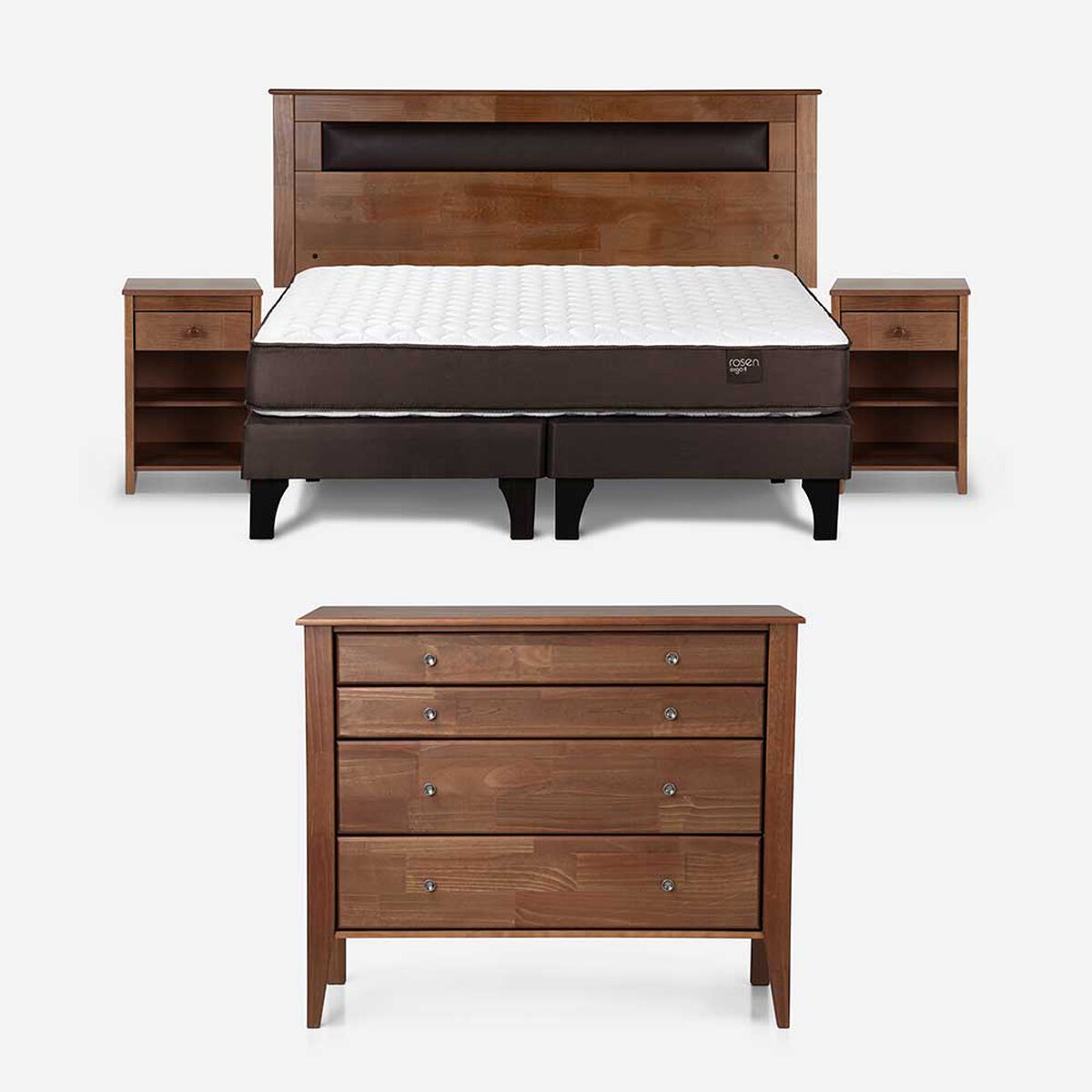 Cama Europea Rosen Base Dividida 2 Plazas Ergo T + Respaldo + 2 Veladores Ferrara + Cómoda Baker