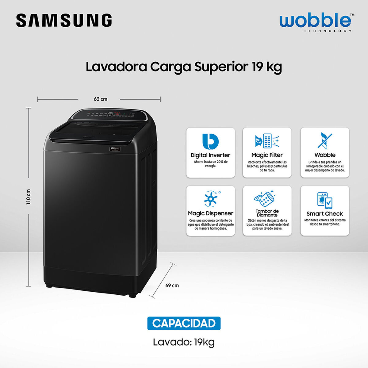 Lavadora Automática Samsung WA19T6260BV/ZS 19 kg.