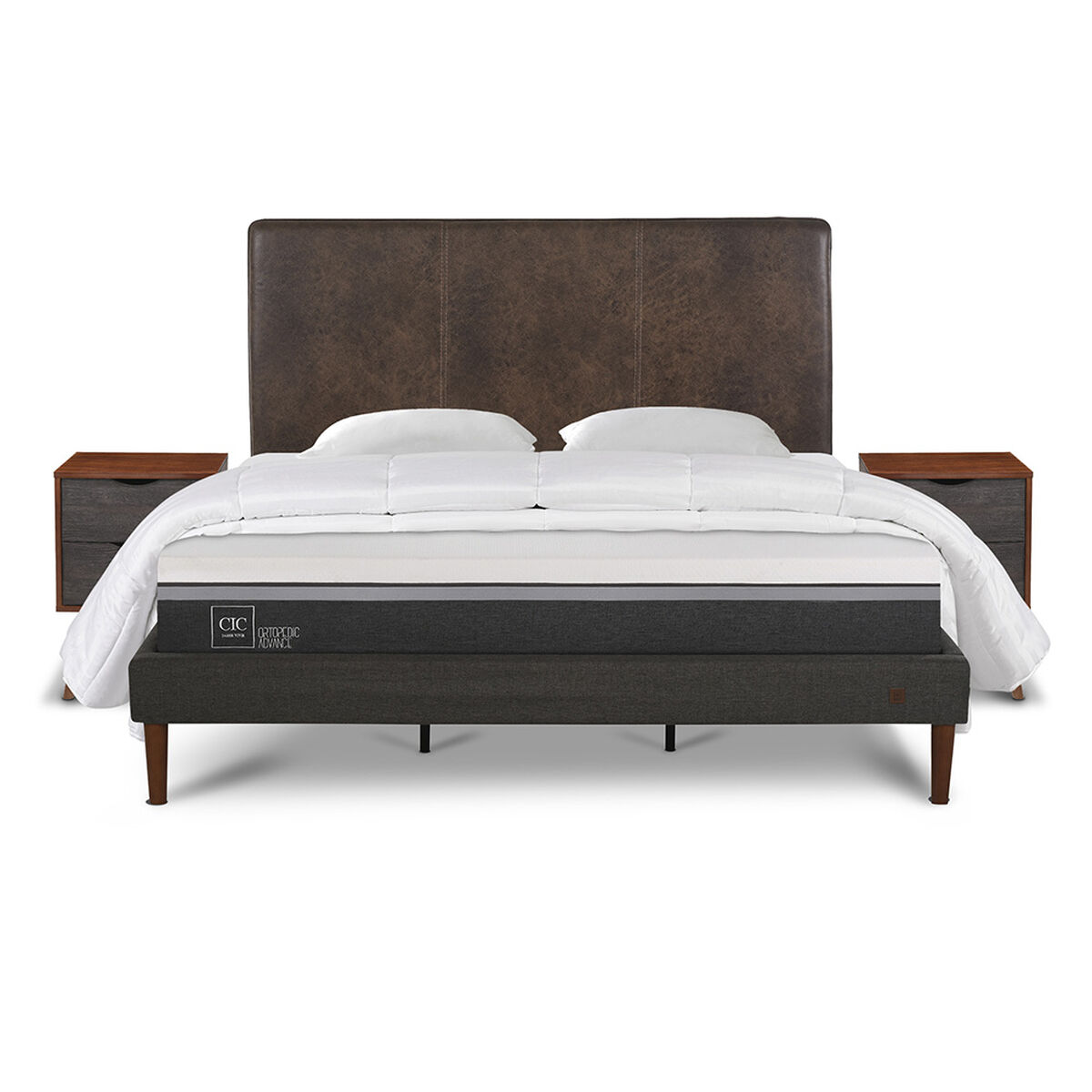 Cama Europea CIC King Ortopedic Advance + Respaldo Baker + 2 Veladores + Almohadas + Plum&oacute;n