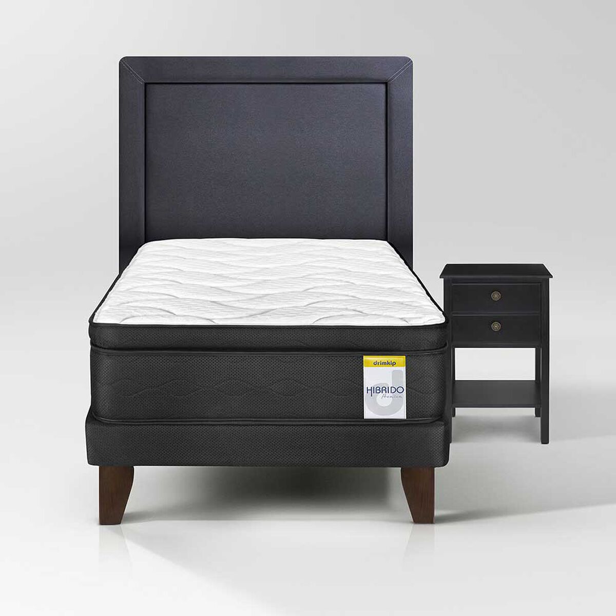 Cama Europea Drimkip 1,5 Plazas Hibrido Premium + Respaldo + Velador
