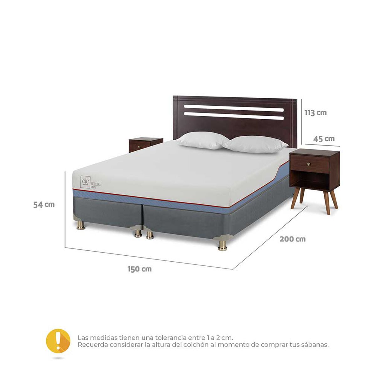 Cama Americana CIC Base Dividida 2 Plazas Excellence Plus + Respaldo + 2 Veladores Munich