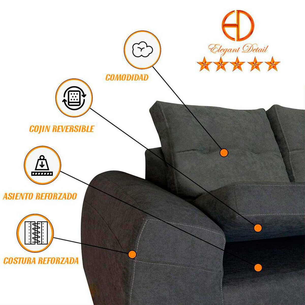 Seccional Derecho Elegant Houston Cheise Tela 5 Cuerpos Gris