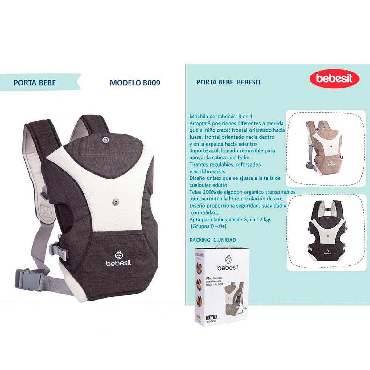 Porta Bebe 3 Posiciones en 1 Gris Bebesit