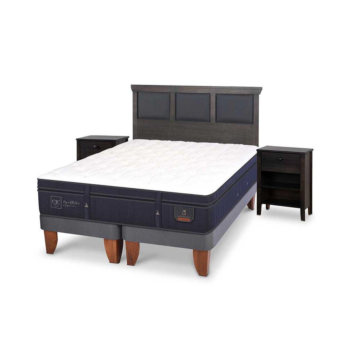 Cama Europea CIC Base Dividida King Súper Premium + Respaldo + 2 Veladores Torino