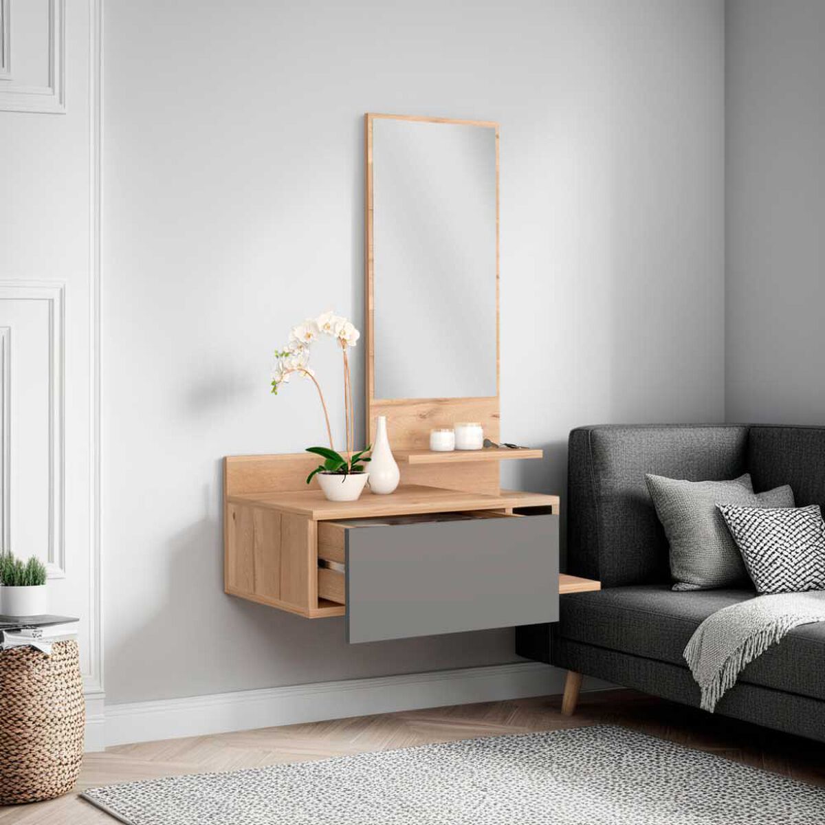 Mueble Recibidor Tuhome Flotante Viena Duna y Plomo 