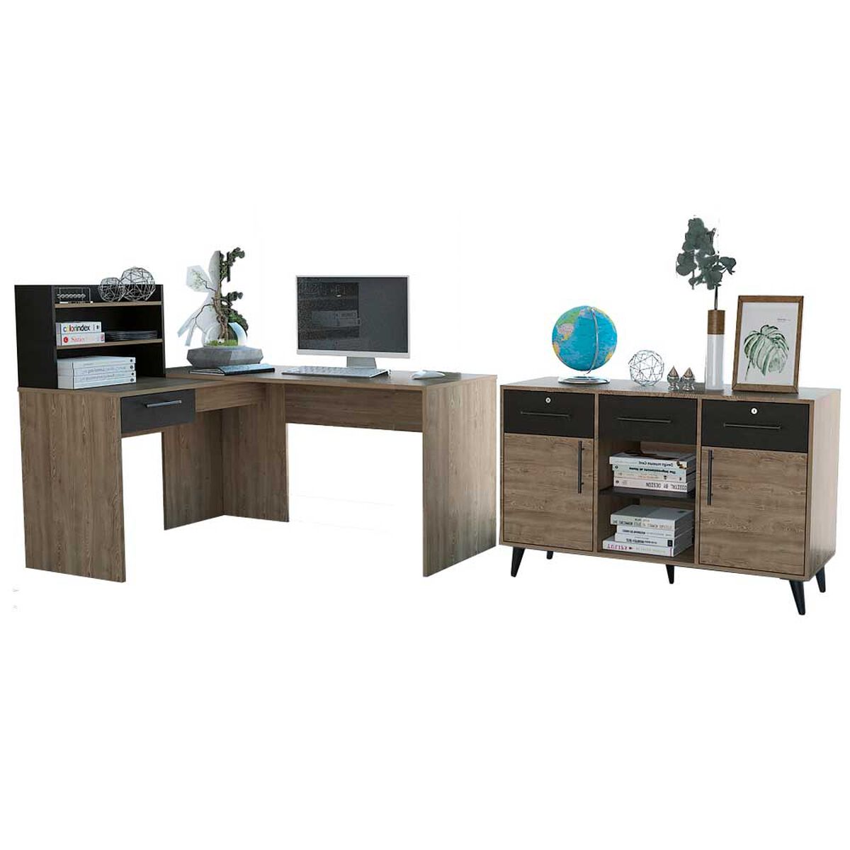 Combo Escritorio en L + Gabinete TuHome Bilbao Miel Wengue