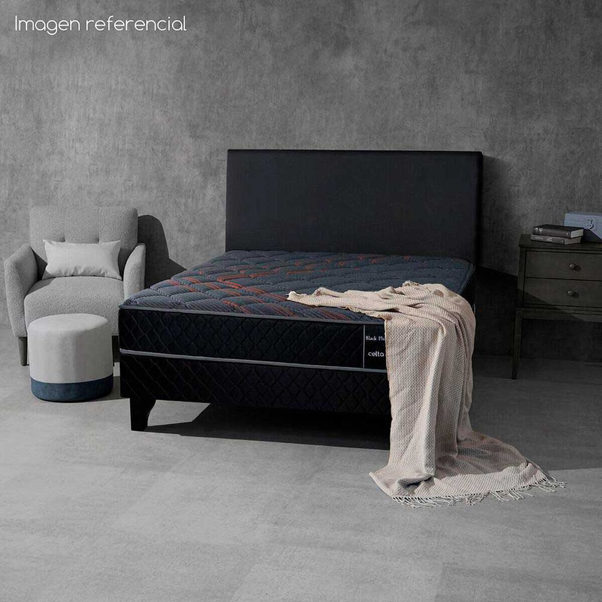 Cama Europea Celta 2 Plazas Black Plus Base Dividida + Respaldo