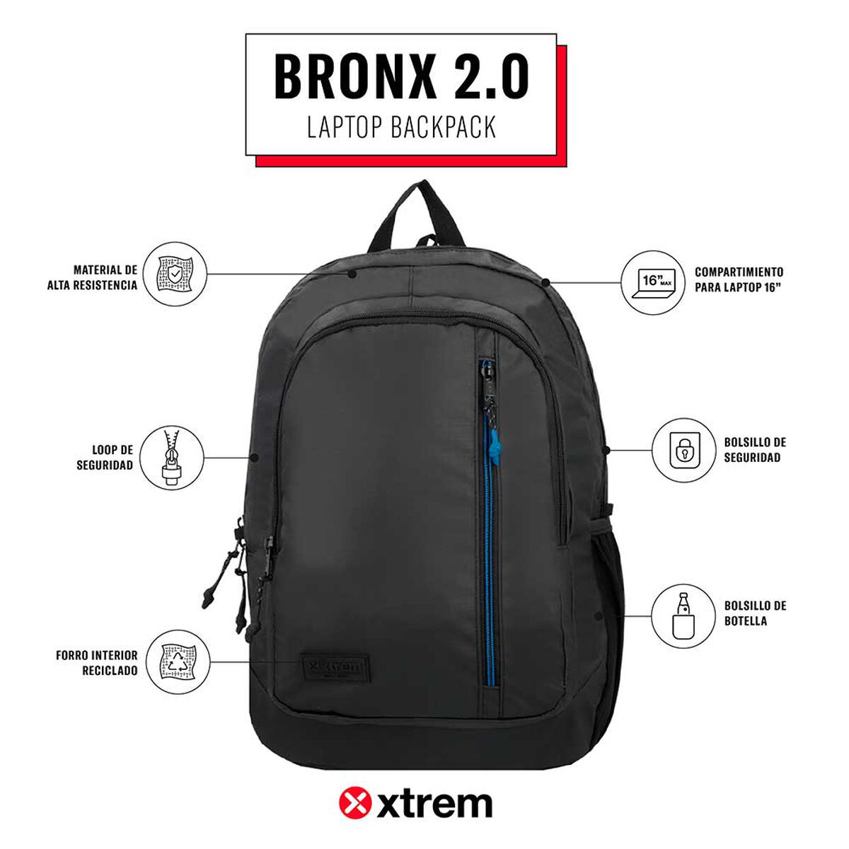 Mochila Notebook Xtrem Bronx 2.0 5XT Negro/Azul 16"