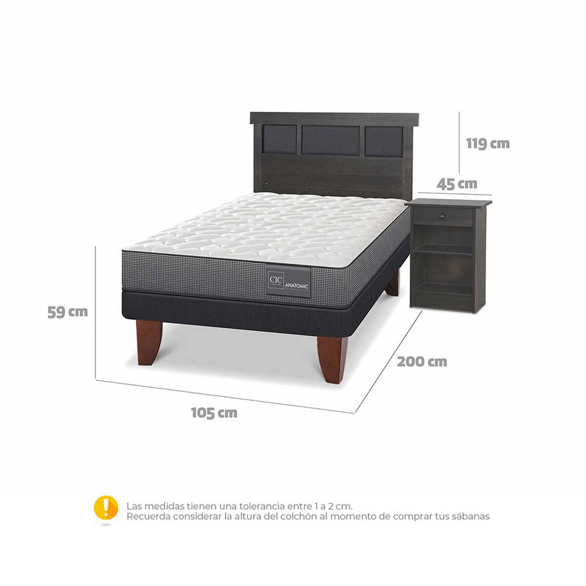 Cama Europea CIC 1,5 Plazas Anatomic + Respaldo + Velador Dublin