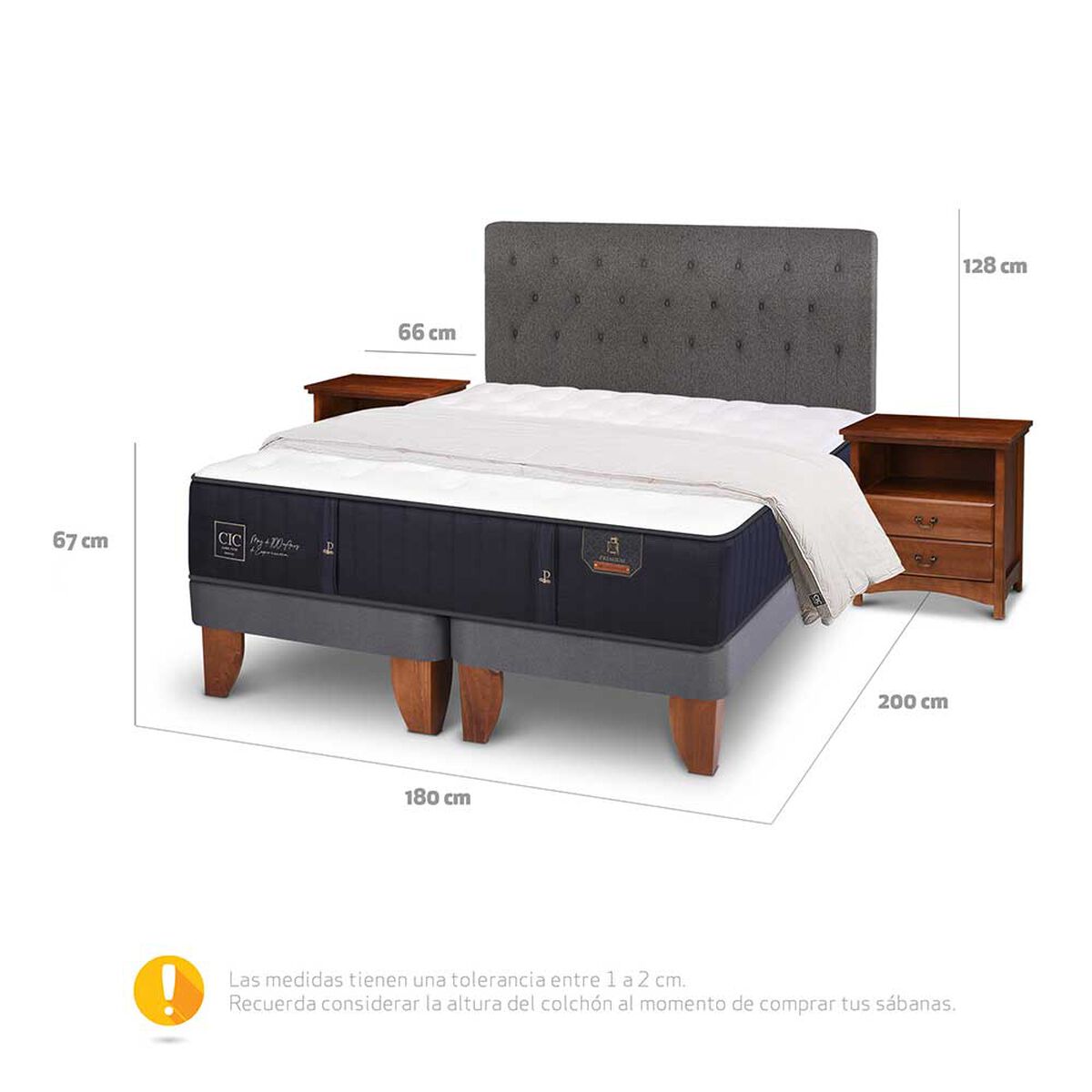 Cama Europea CIC Base Dividida King Premium + Respaldo + 2 Veladores Kaveri + Plumón