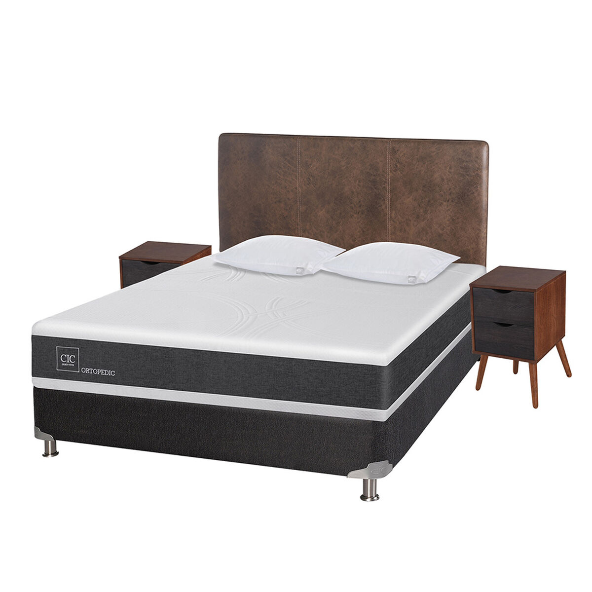 Box Spring CIC 2 Plazas New Ortopedic + Respaldo + 2 Veladores Baker + Almohada