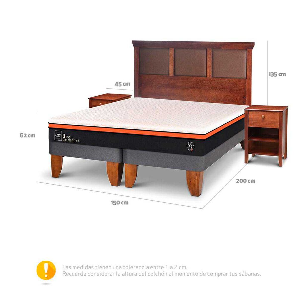 Cama Europea CIC Base Dividida 2 Plazas Bee Comfort + Respaldo + 2 Veladores