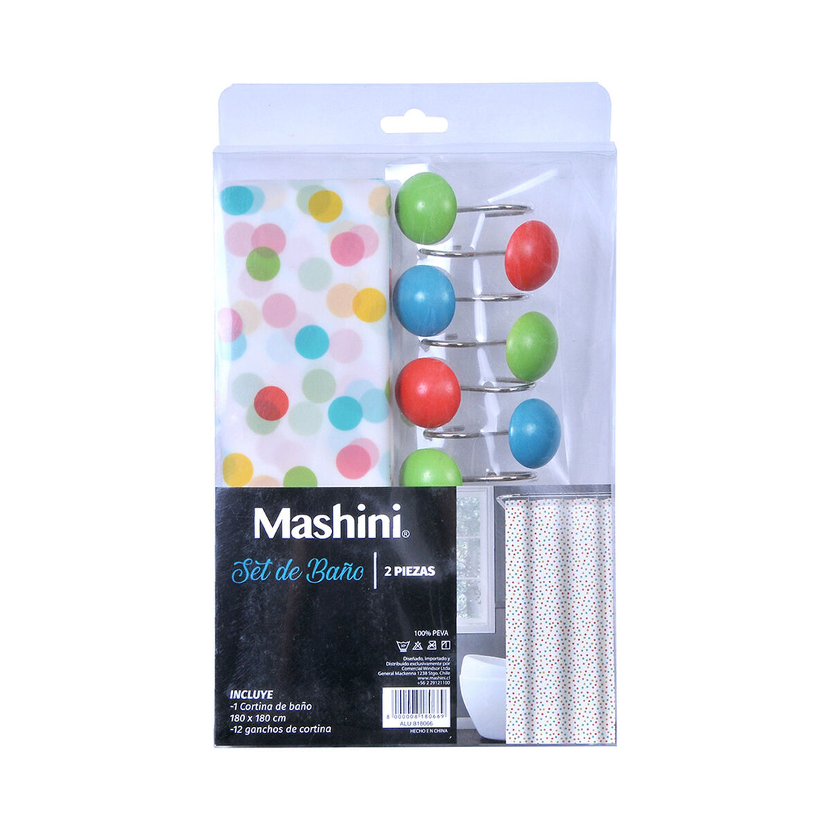 Set Cortina de Baño 2 Piezas Mashini Puntos Verde
