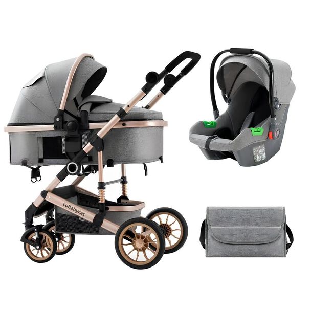 Coche Cuna con Silla Nido y Accesorios LuBabycas Gris