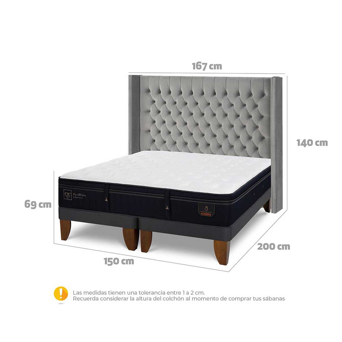 Cama Europea CIC Base Dividida 2 Plazas Súper Permium + Respaldo Sesia