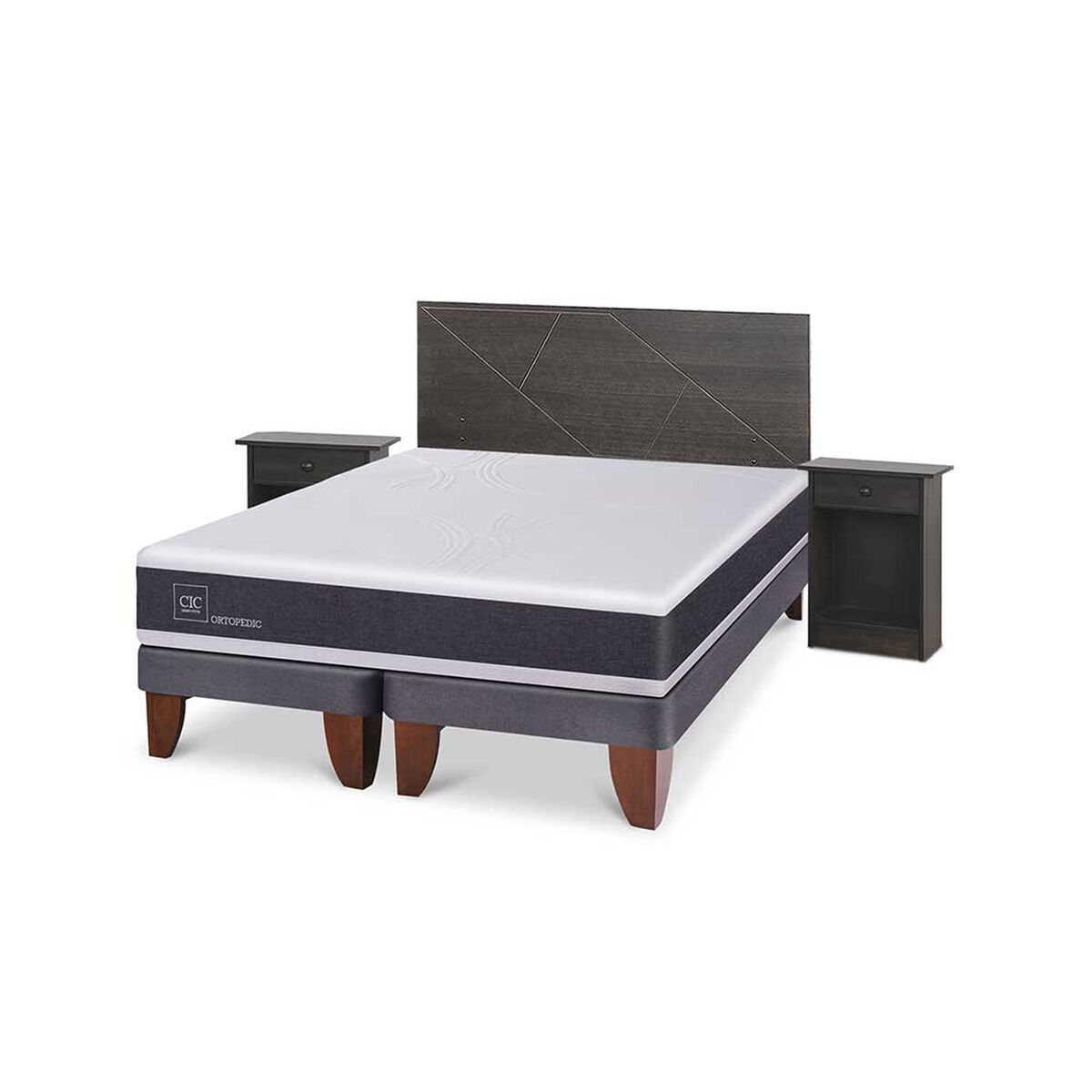 Cama Europea CIC Base Dividida King Ortopedic + Respaldo + 2 Veladores Villarrica