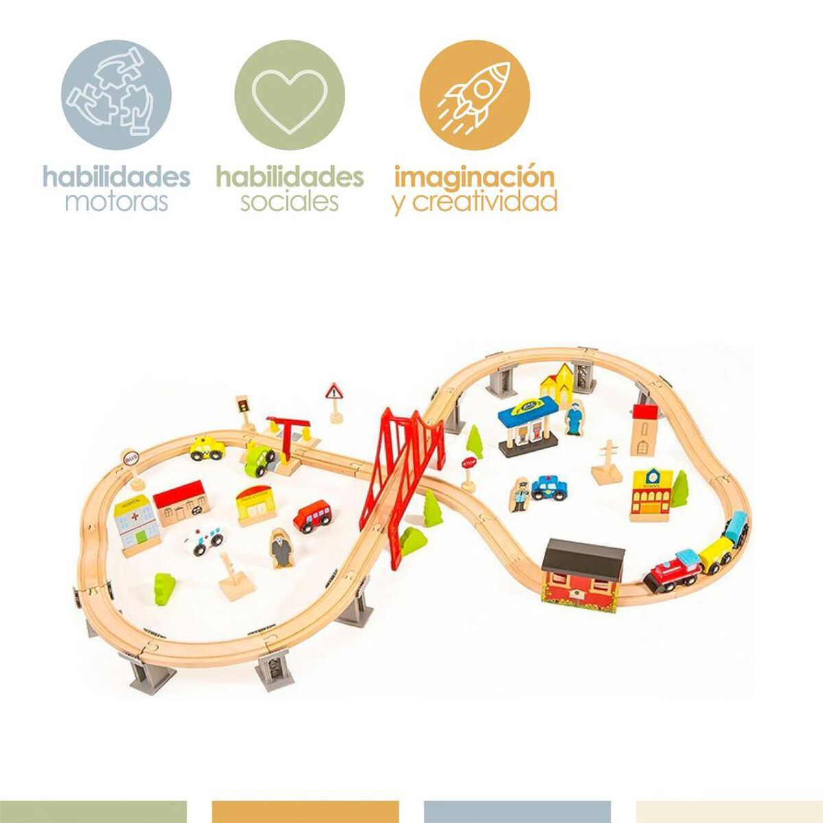 Pista de Autos y Tren de Madera 70Pcs Band&uacute;