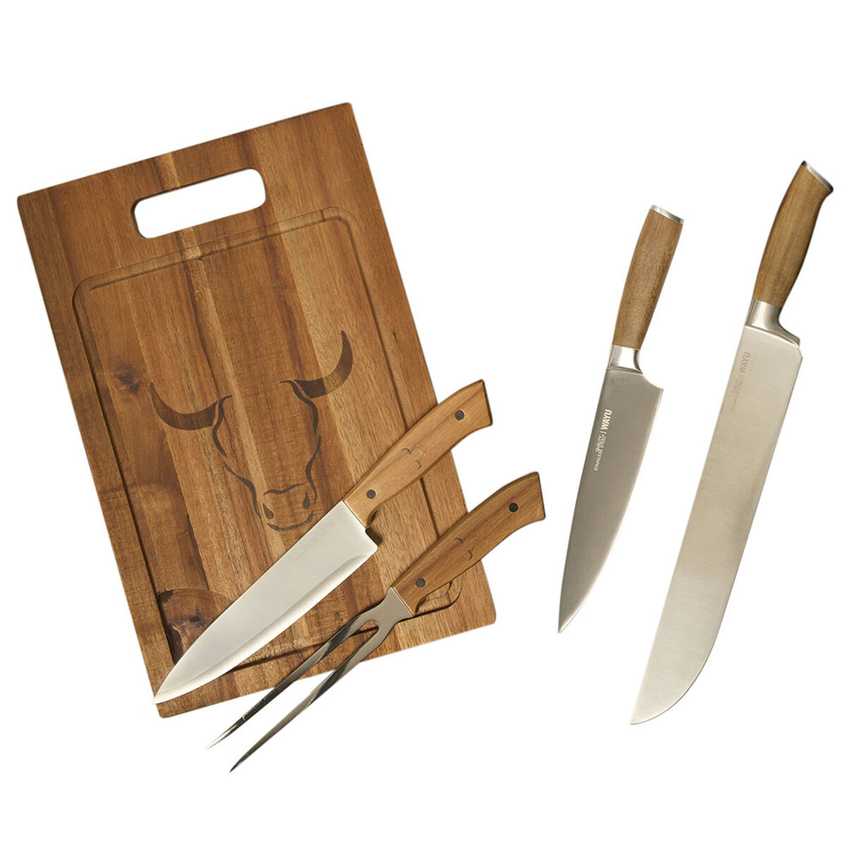 Set Parrillero Wayu Tabla + Cuchillo Carnicero + Cuchillo Chef + Juego de Cuchillos