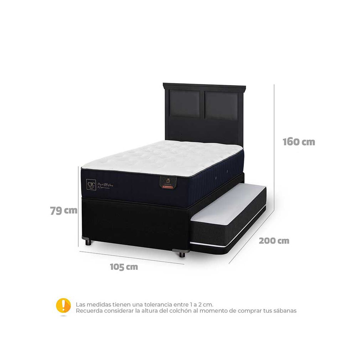 Cama Nido CIC 1,5 Plazas Premium + Respaldo Torino Negro
