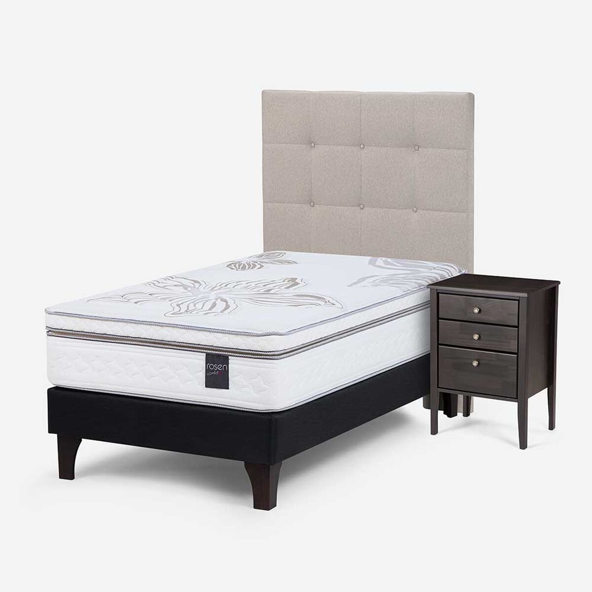Cama Europea Rosen 1,5 Plazas Art 4 + Respaldo + Velador Niebla