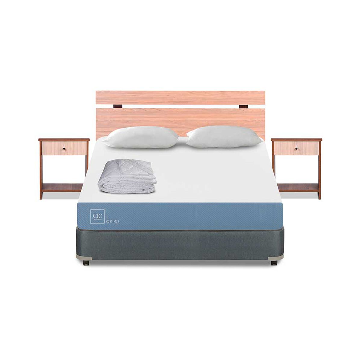Cama Americana CIC Full Excellence + Respaldo + 2 Veladores + Almohada + Plumón