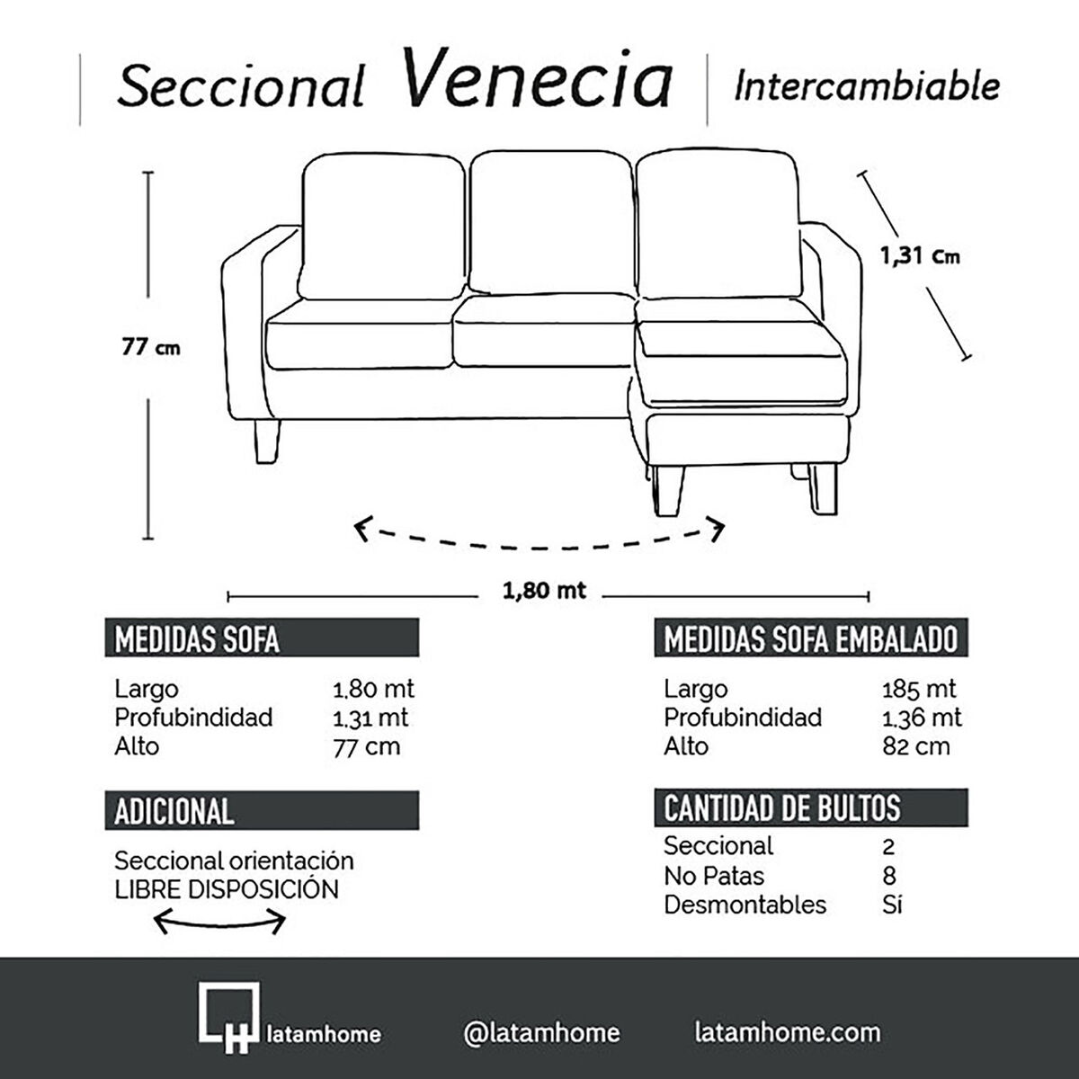 Seccional Intercambiable Latam Home Venecia 3 Cuerpos Chocolate + Sitial Munich Tela Chocolate