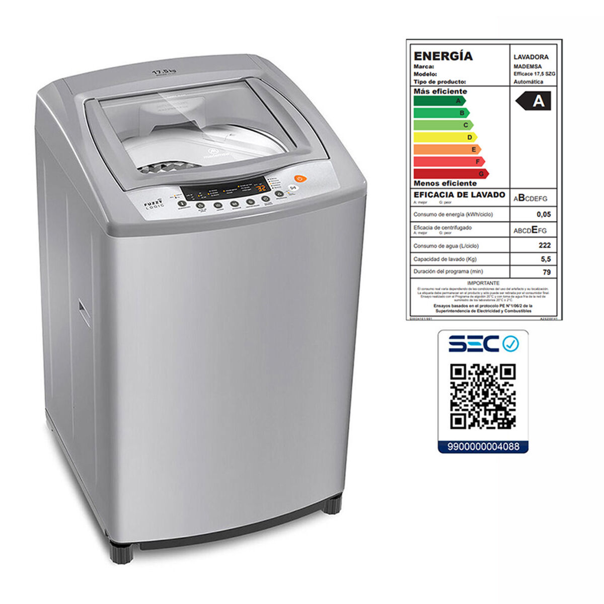 Lavadora Automática Mademsa Efficace 17.5SZG 17,5 kg