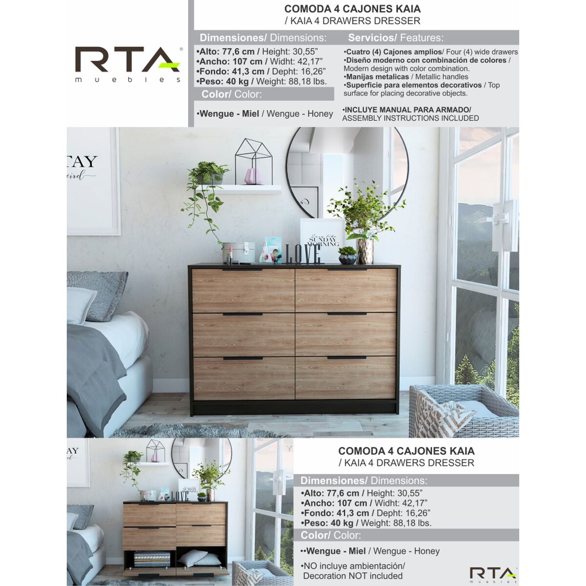 Cómoda TuHome Kaia 4 Cajones Miel/Blanco