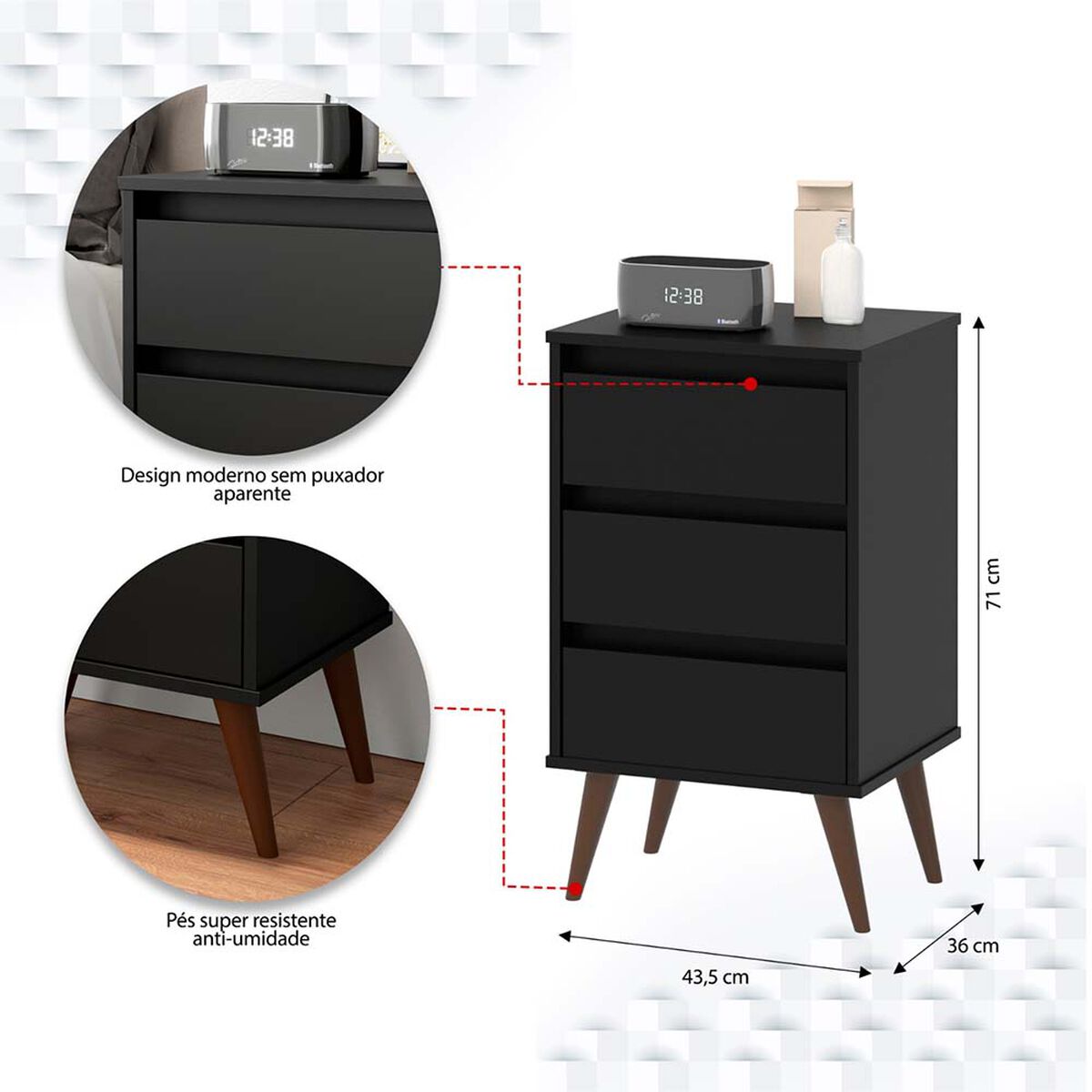 Velador Onessta Wood 3 Cajones Negro