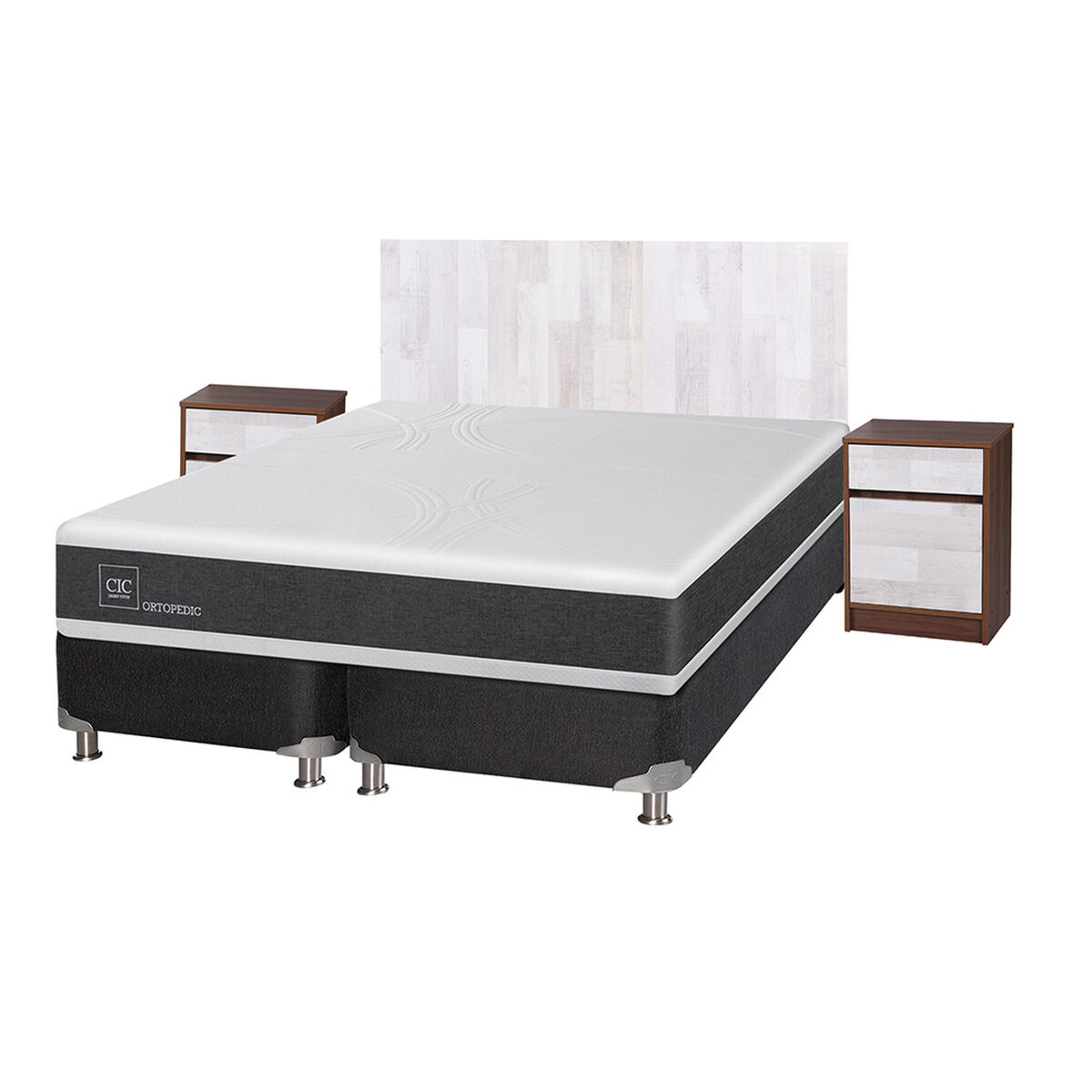 Box Spring CIC Base Dividida 2 Plazas Ortopedic + Respaldo + 2 Veladores