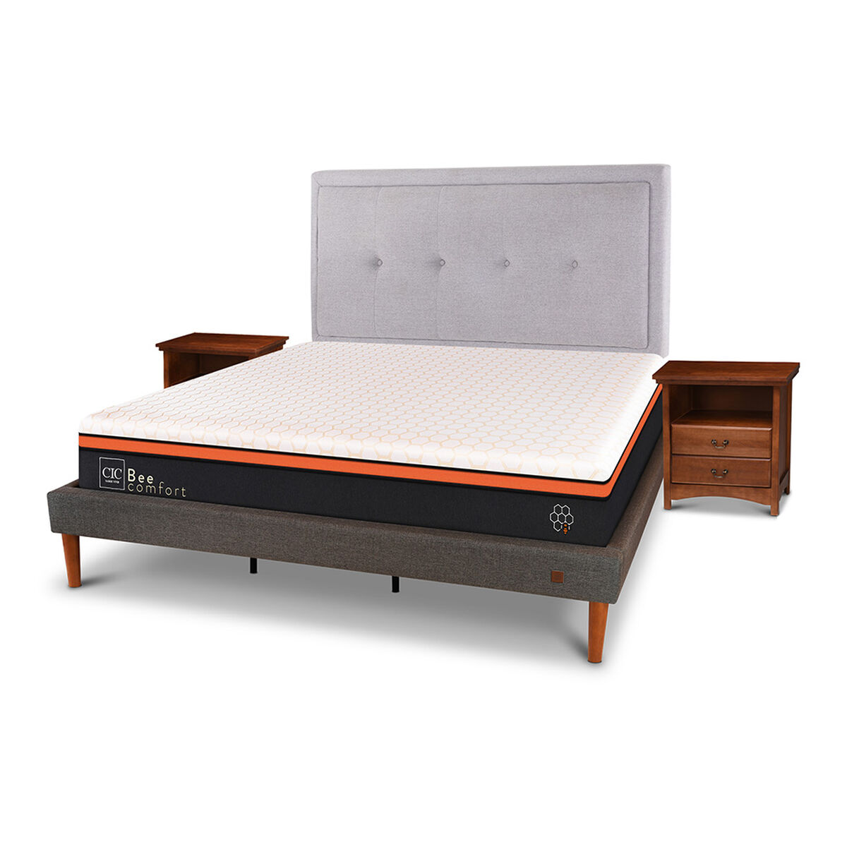 Cama Europea Curve CIC King Bee Comfort + Respaldo + 2 Veladores